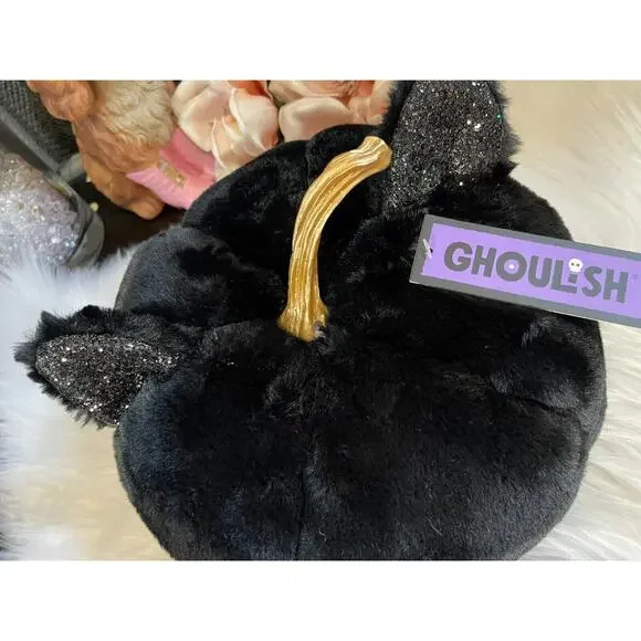 Ghoulish Fur Plush Black Pumpkin Glitter Sparkle Cat Ears Halloween - Picture 2 of 5